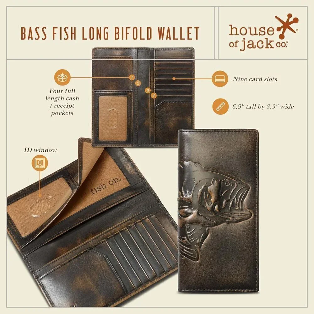 🆕Men Black Co. BASS FISH Long Wallet Grain Leather Long Bifold Wallet Gift